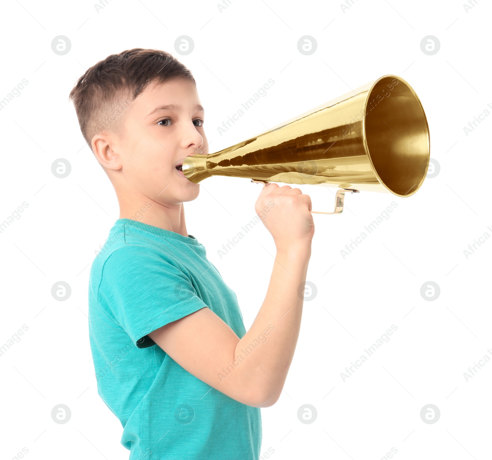 Photo of Cute little boy with megaphone on white background