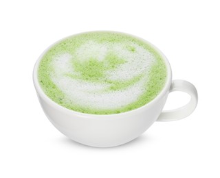 Cup of tasty matcha latte isolated on white