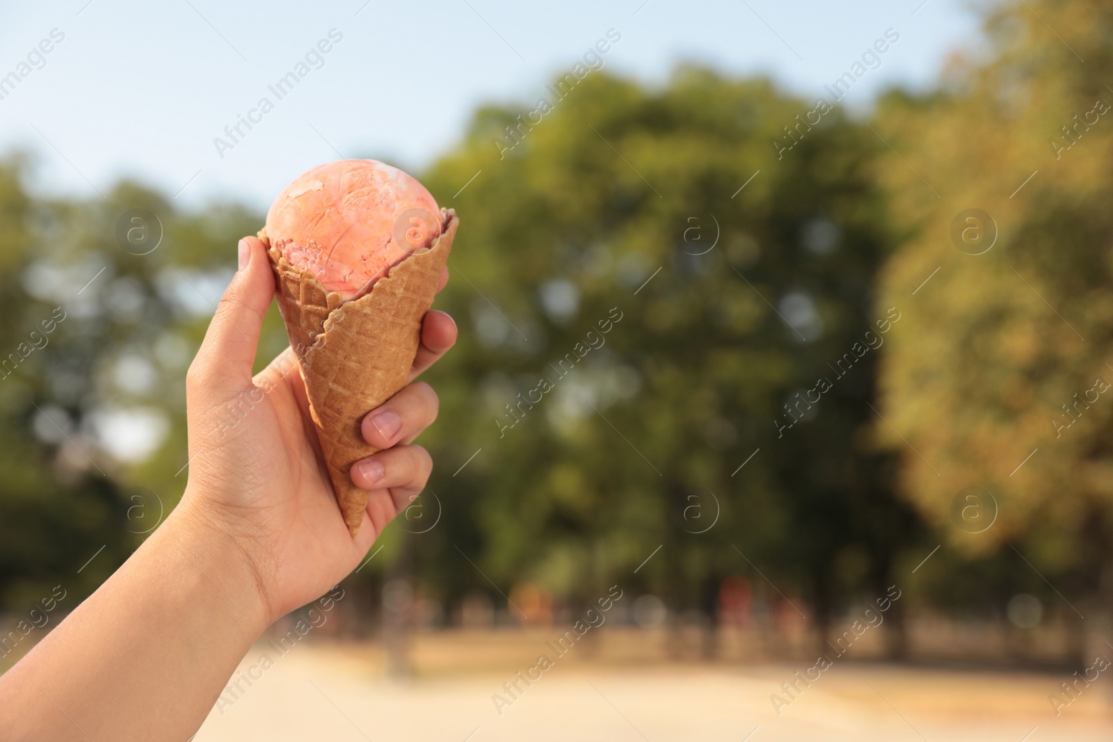 Photo of Woman holding delicious ice cream in waffle cone outdoors, closeup of hand. Space for text