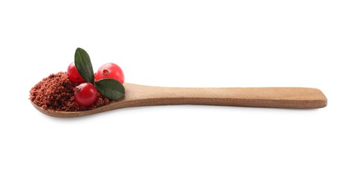 Photo of Wooden spoon with dried cranberry powder, fresh berries and green leaves isolated on white