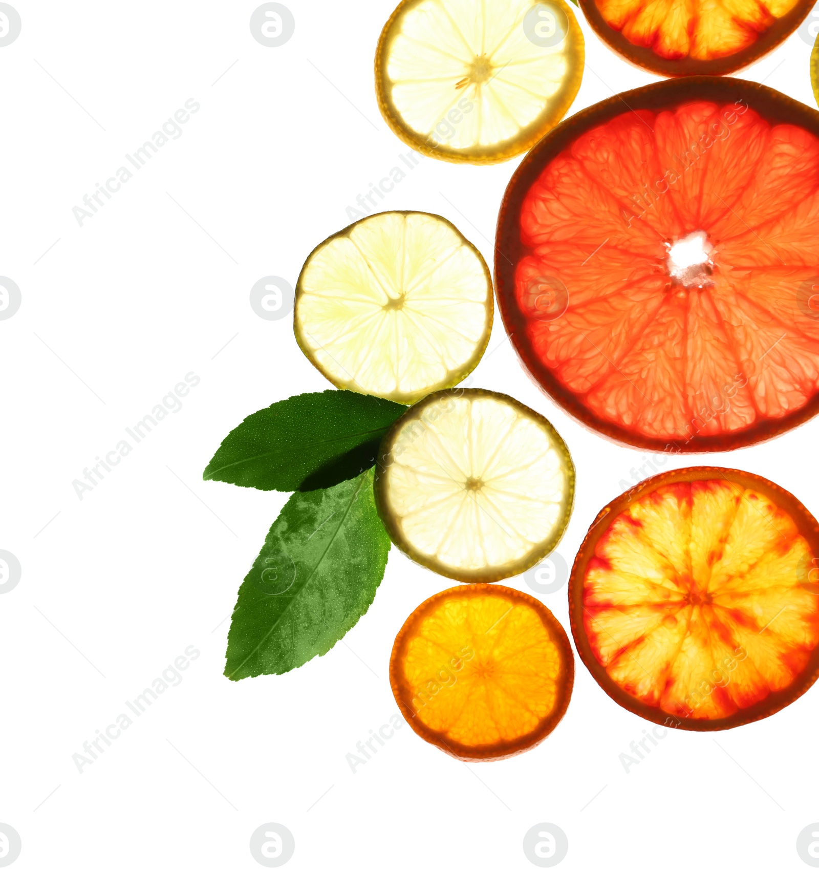 Photo of Illuminated slices of citrus fruits and leaves on white background, top view