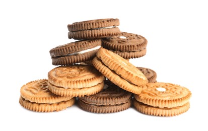 Photo of Different tasty sandwich cookies on white background