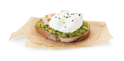 Photo of Delicious sandwich with guacamole, shrimps and fried egg isolated on white