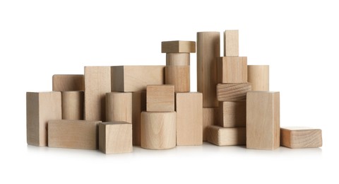 Many wooden building blocks on white background