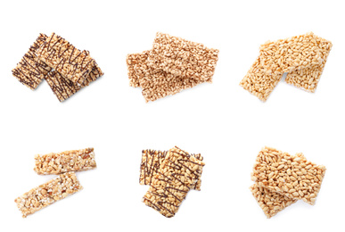 Image of Set of delicious rice crispy treats on white background, top view