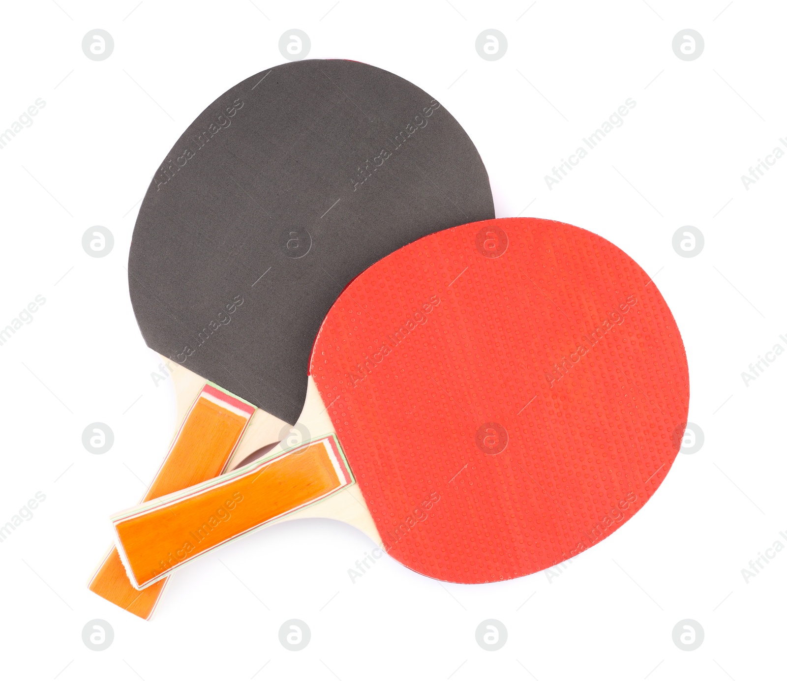 Photo of Ping pong rackets isolated on white, top view. Sports equipment