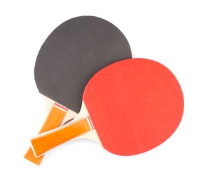 Ping pong rackets isolated on white, top view. Sports equipment