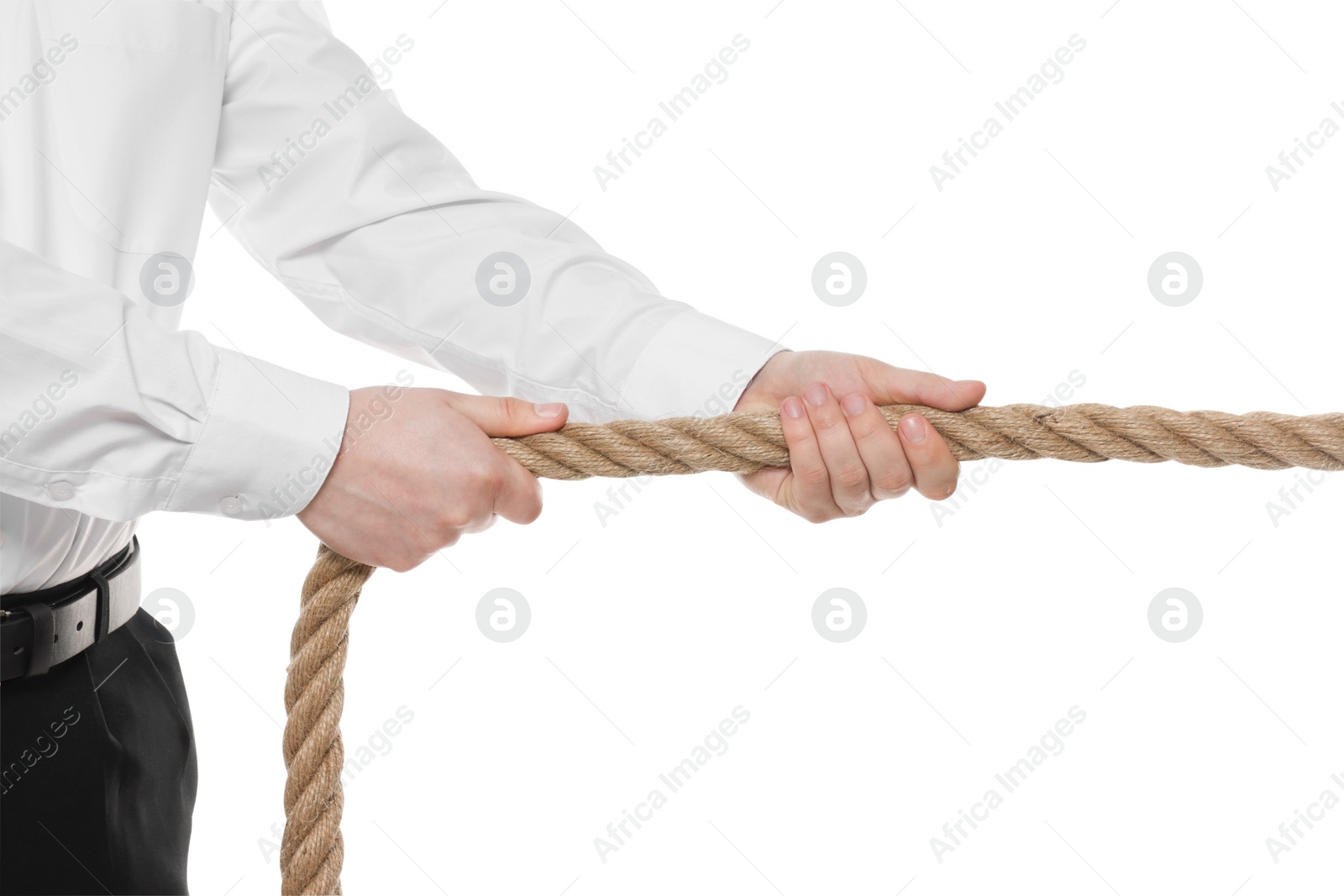 Photo of Dispute concept. Man pulling rope on white background, closeup