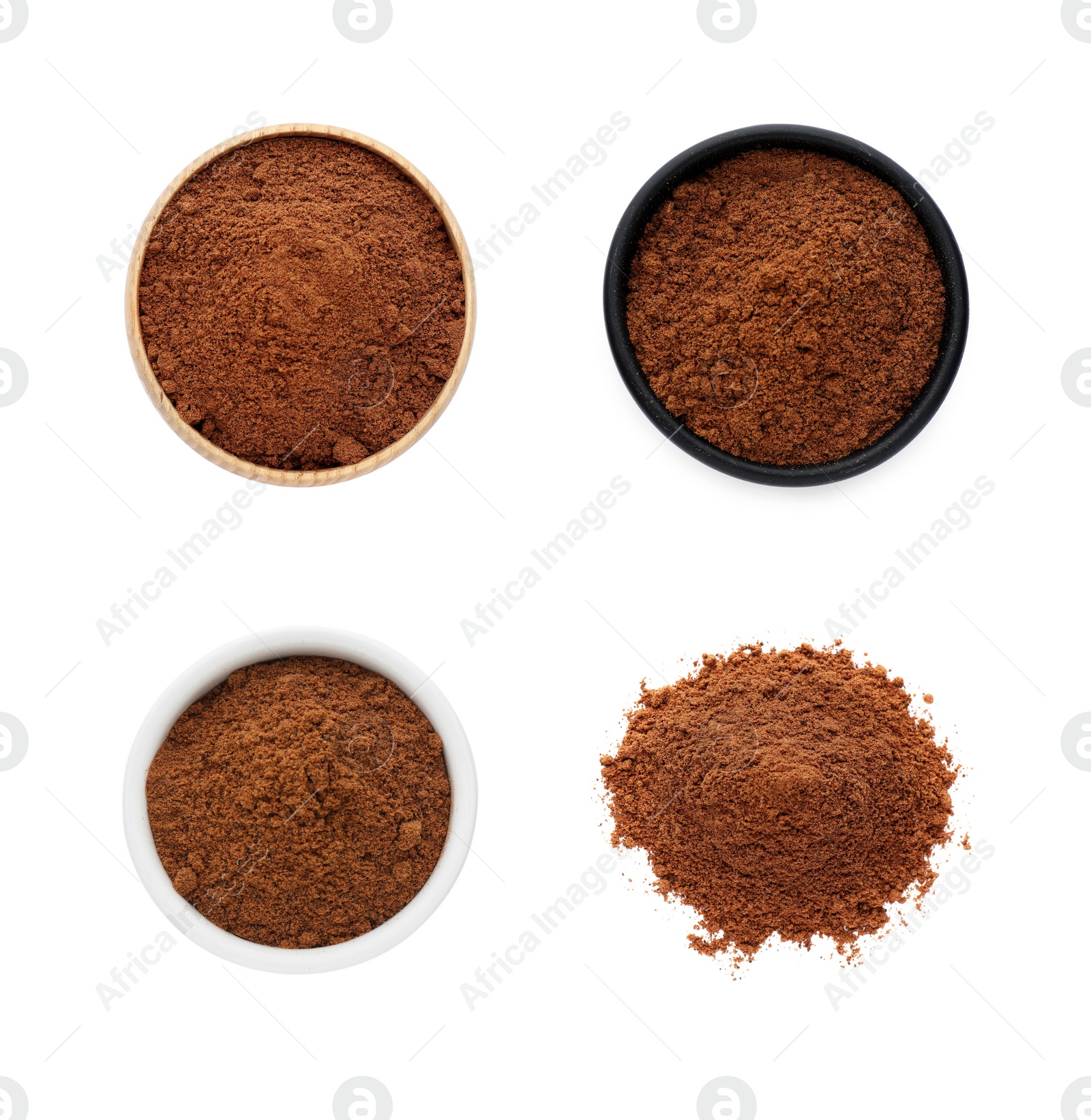 Image of Set with nutmeg powder on white background, top view