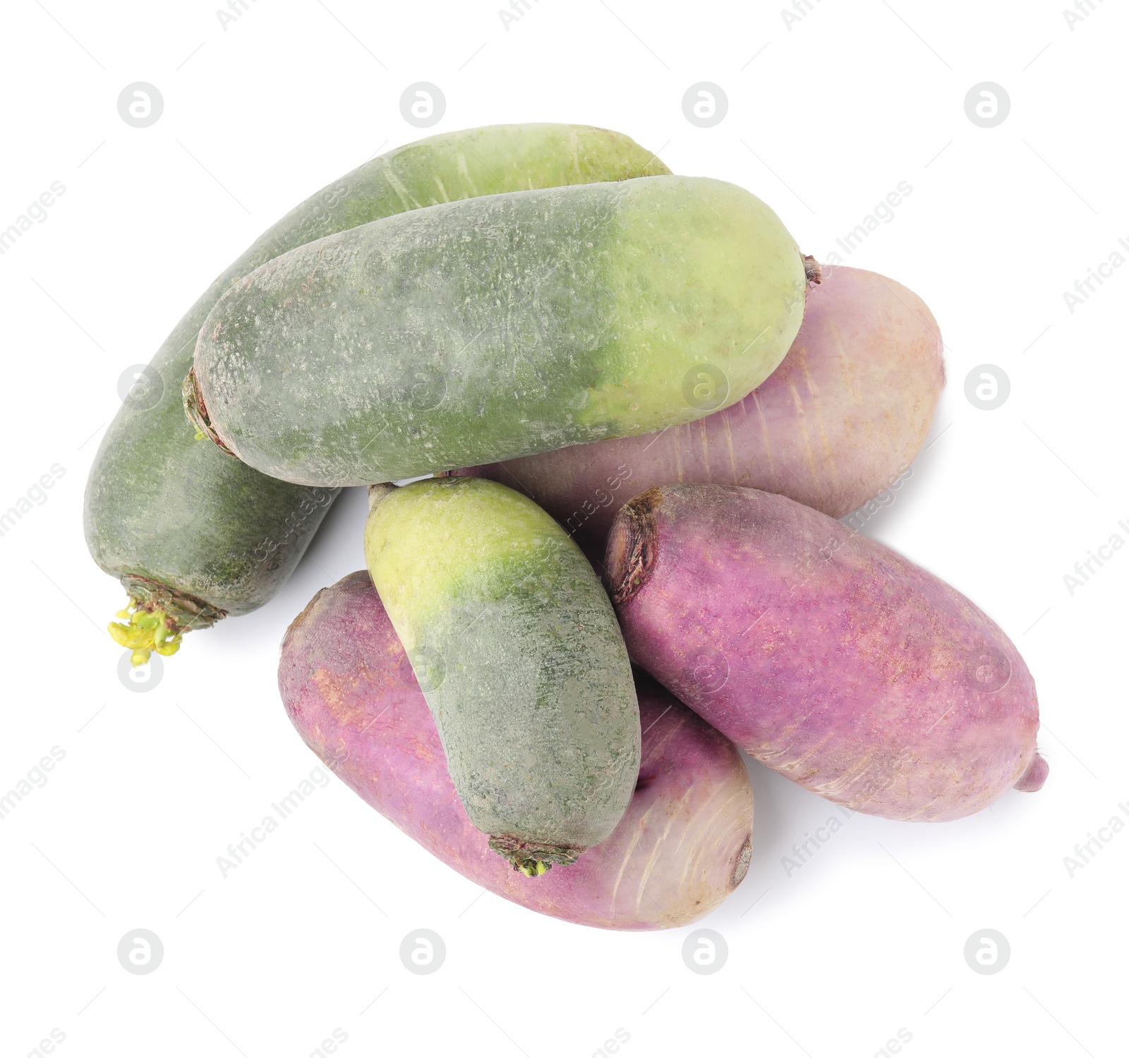 Photo of Purple and green daikon radishes isolated on white, top view