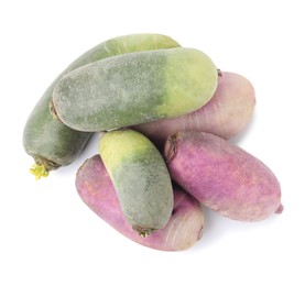 Photo of Purple and green daikon radishes isolated on white, top view