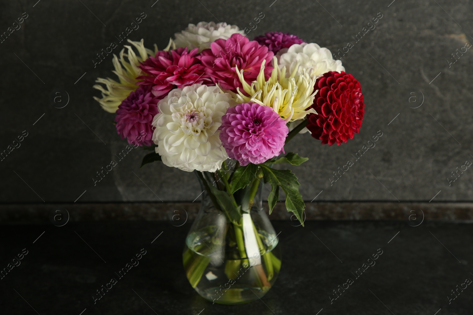 Photo of Bouquet of beautiful Dahlia flowers in vase on black table near grey wall