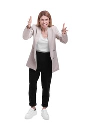 Photo of Beautiful angry businesswoman posing on white background