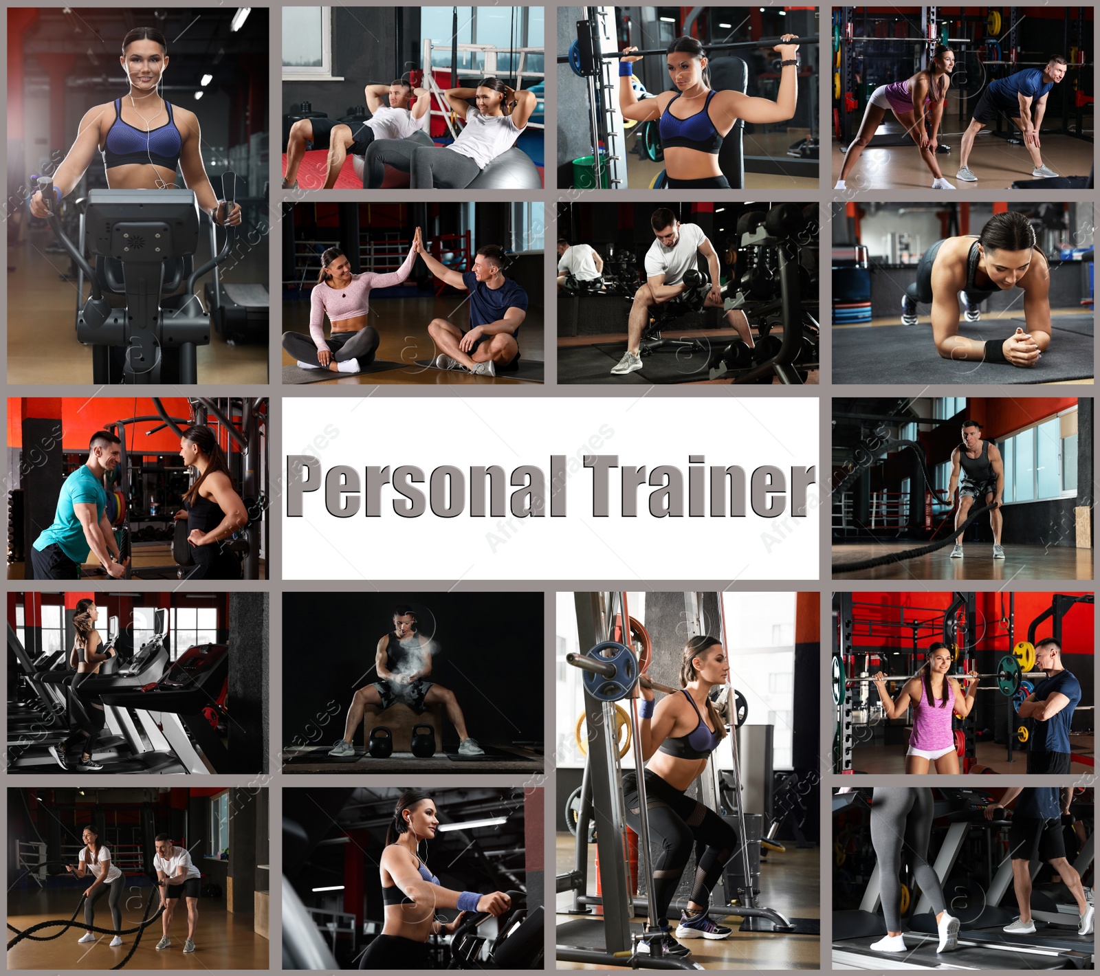 Image of Collage of people in modern gym and text Personal Trainer