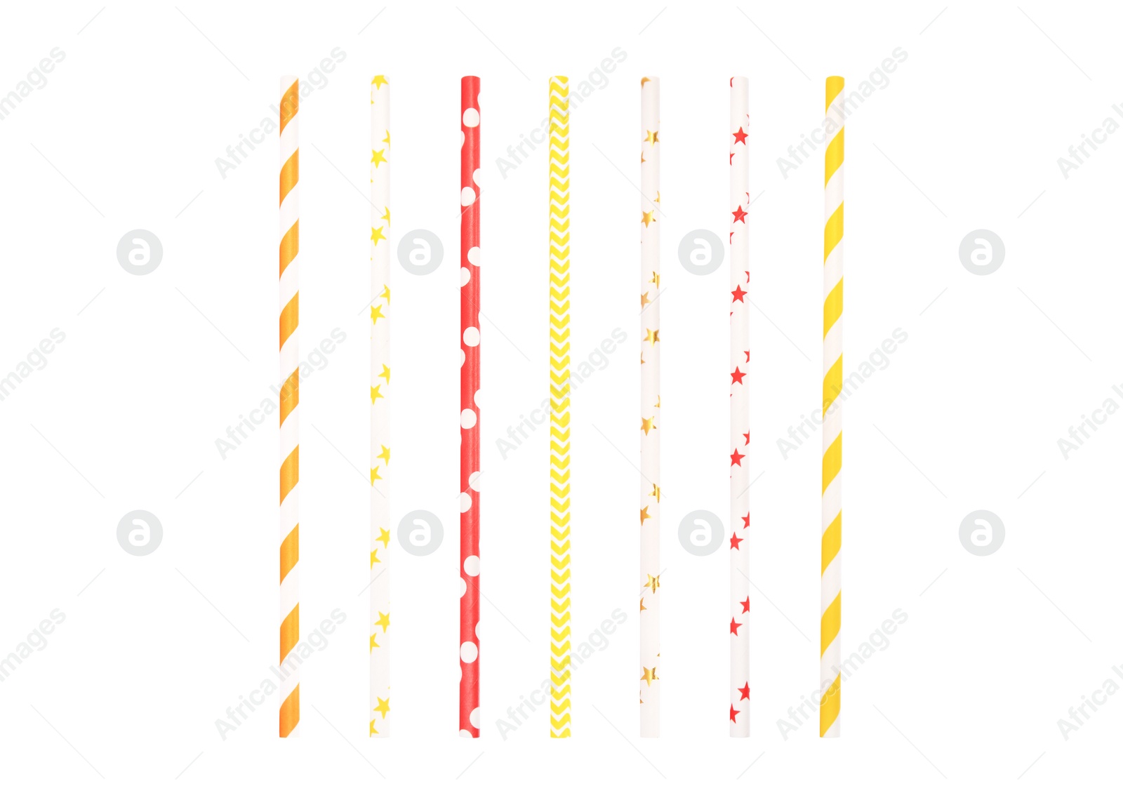 Image of Set of colorful paper drinking straws on white background