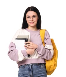 Smiling student with notebooks and backpack on white background