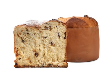 Photo of Delicious Panettone cakes on white background. Traditional Italian pastry