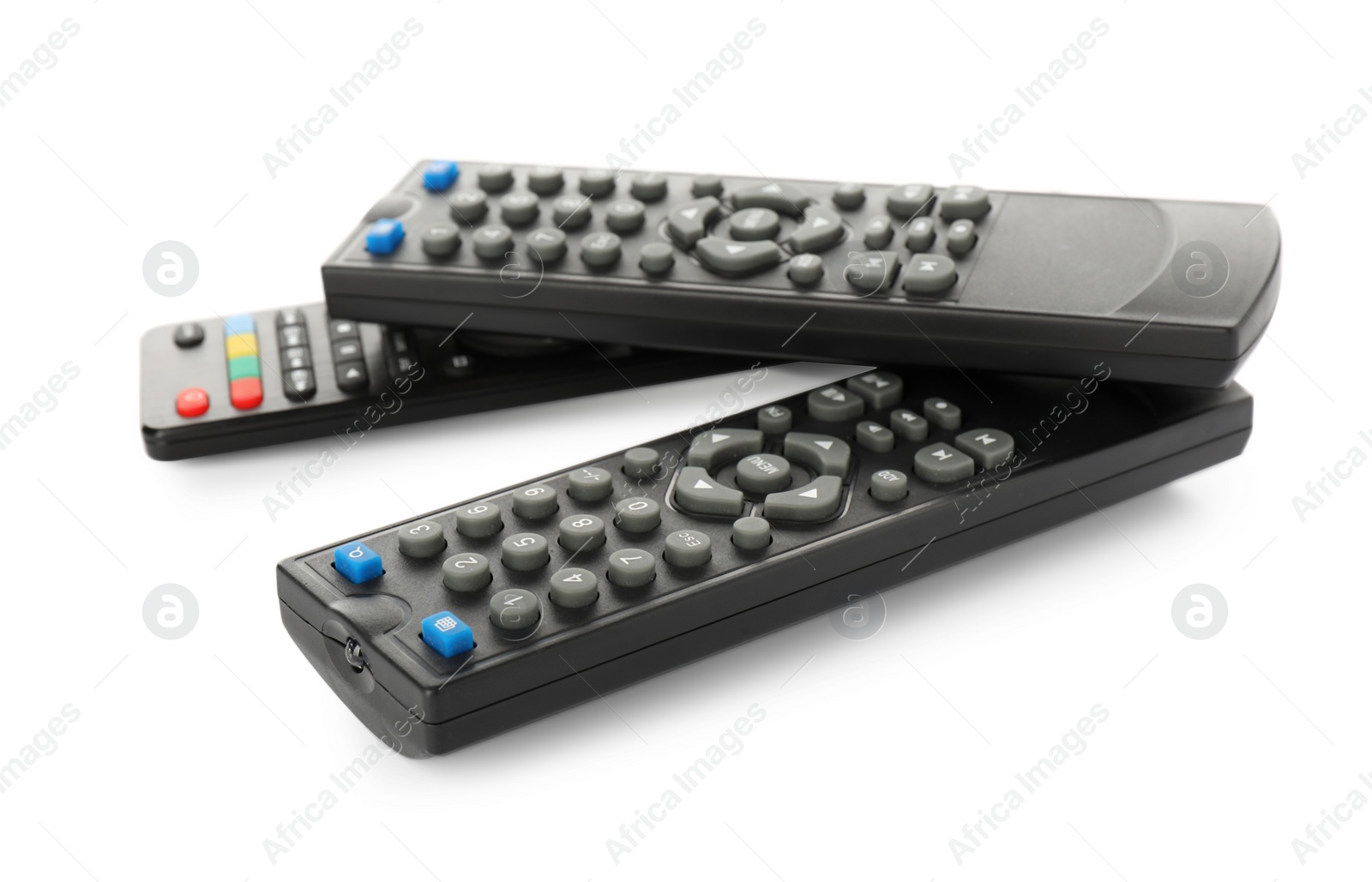 Photo of Different modern remote controls on white background