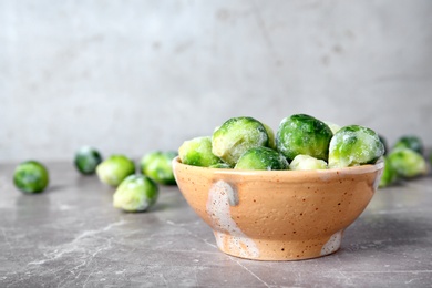 Photo of Bowl with frozen brussel sprouts on table. Vegetable preservation