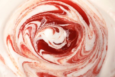 Photo of Tasty yogurt with jam as background, top view