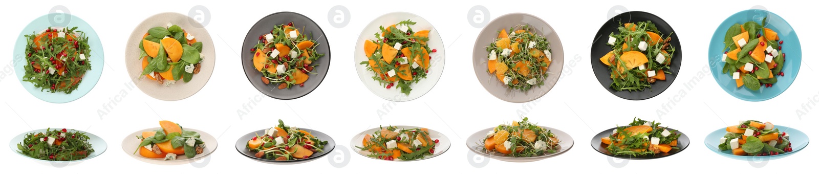 Image of Set with tasty persimmon salads on white background. Banner design