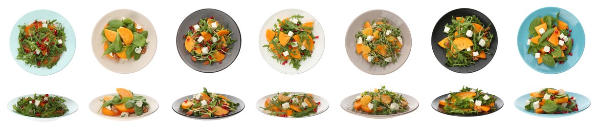 Image of Set with tasty persimmon salads on white background. Banner design