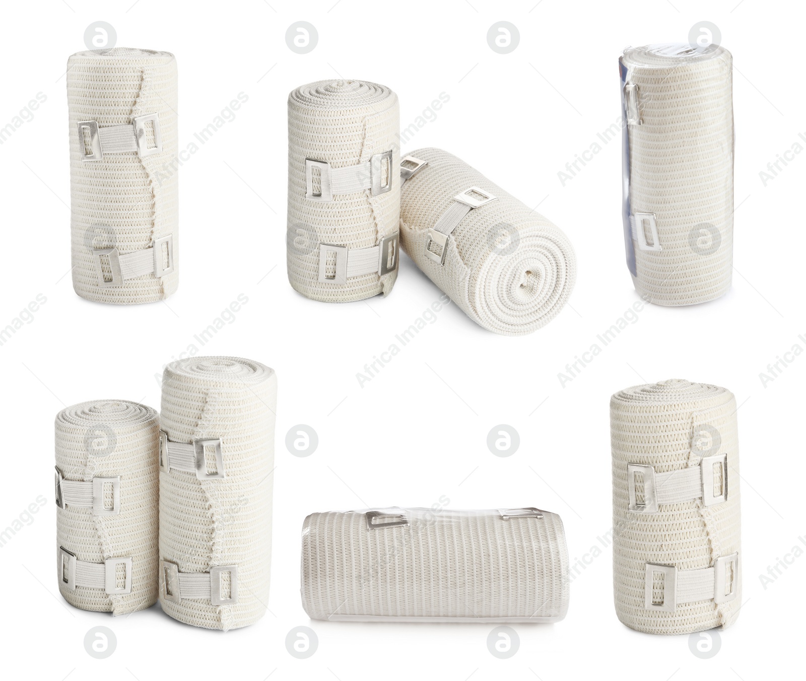 Image of Set with elastic bandages on white background