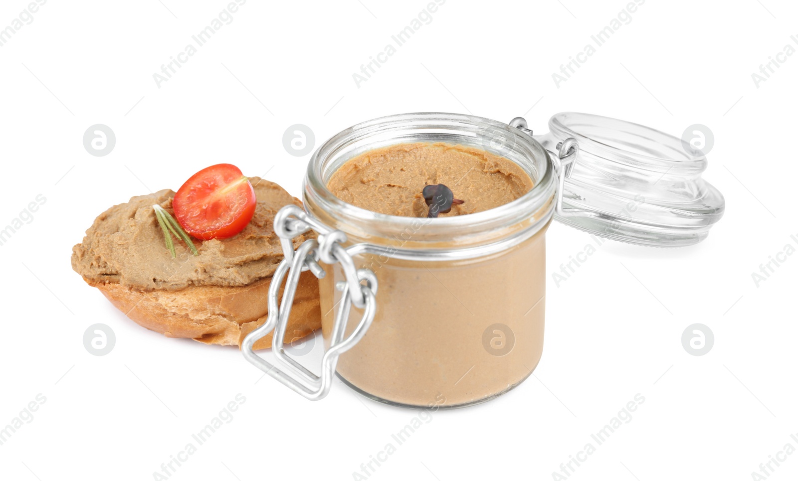 Photo of Fresh bread and glass jar with delicious liver pate on white background