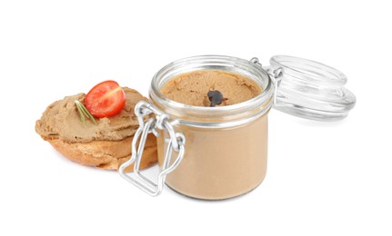 Photo of Fresh bread and glass jar with delicious liver pate on white background