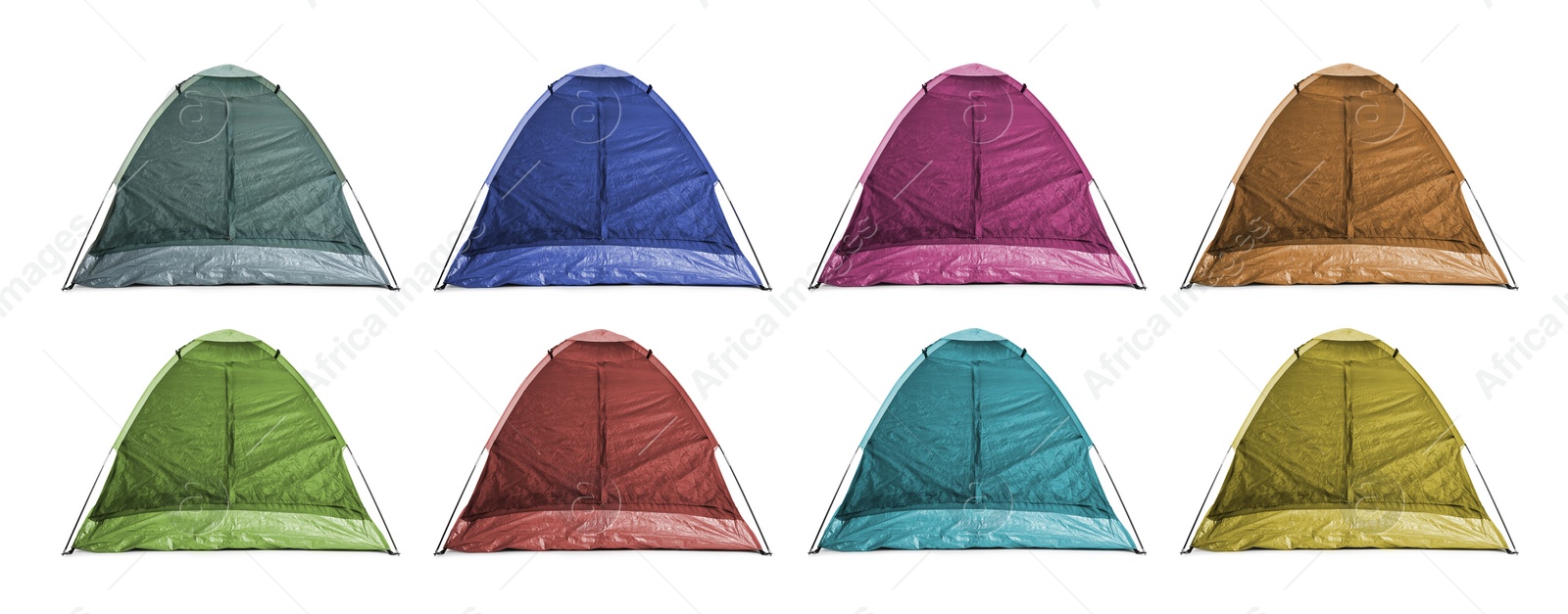 Image of Set with different colorful camping tents on white background. Banner design