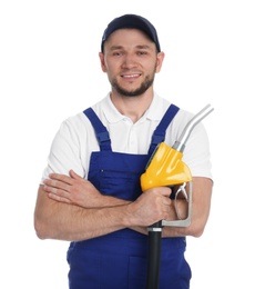 Photo of Gas station worker with fuel nozzle on white background
