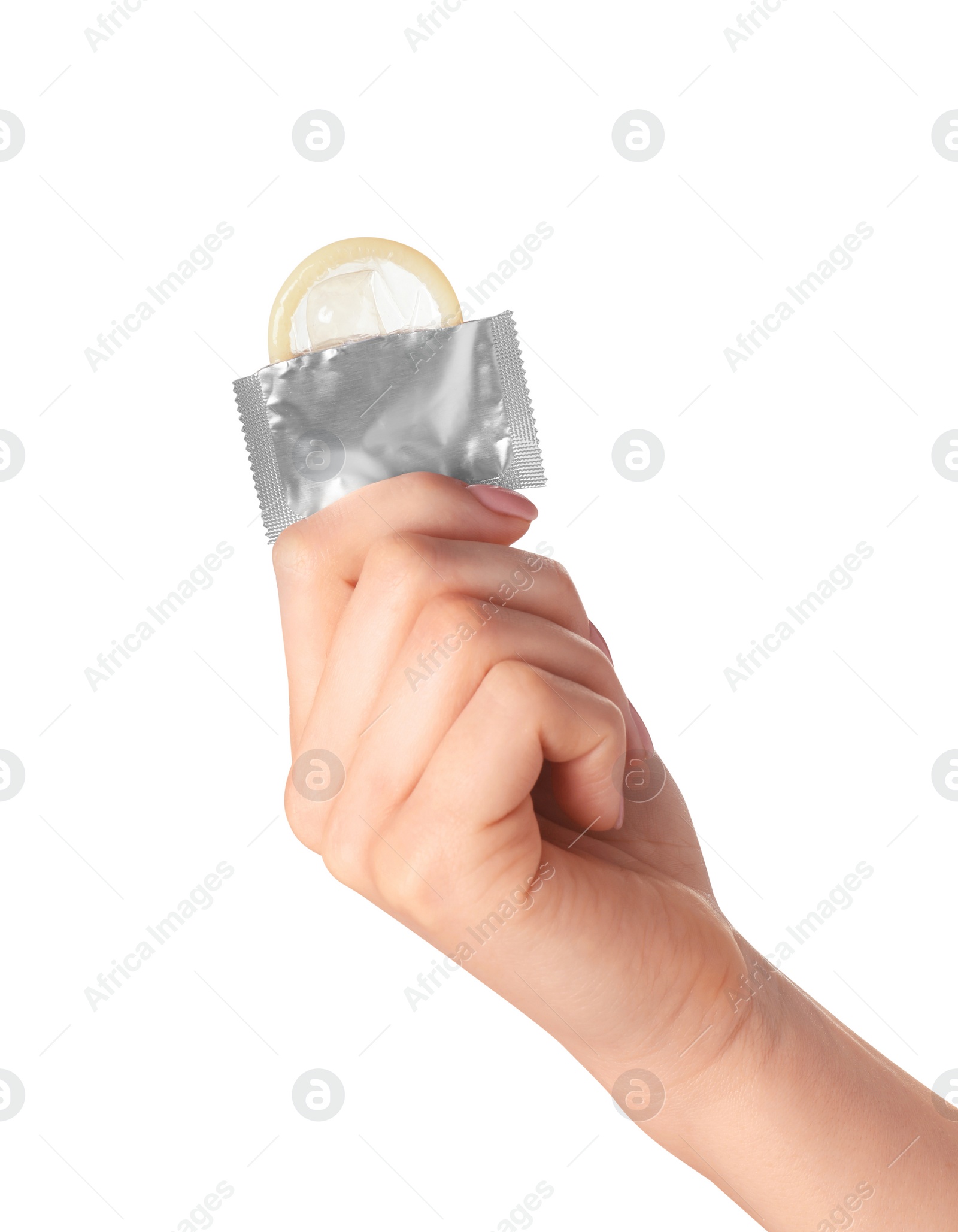 Photo of Woman holding condom on white background, closeup