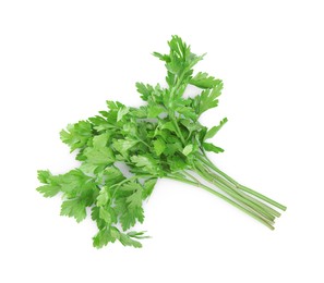 Photo of Bunch of fresh green parsley leaves isolated on white, top view