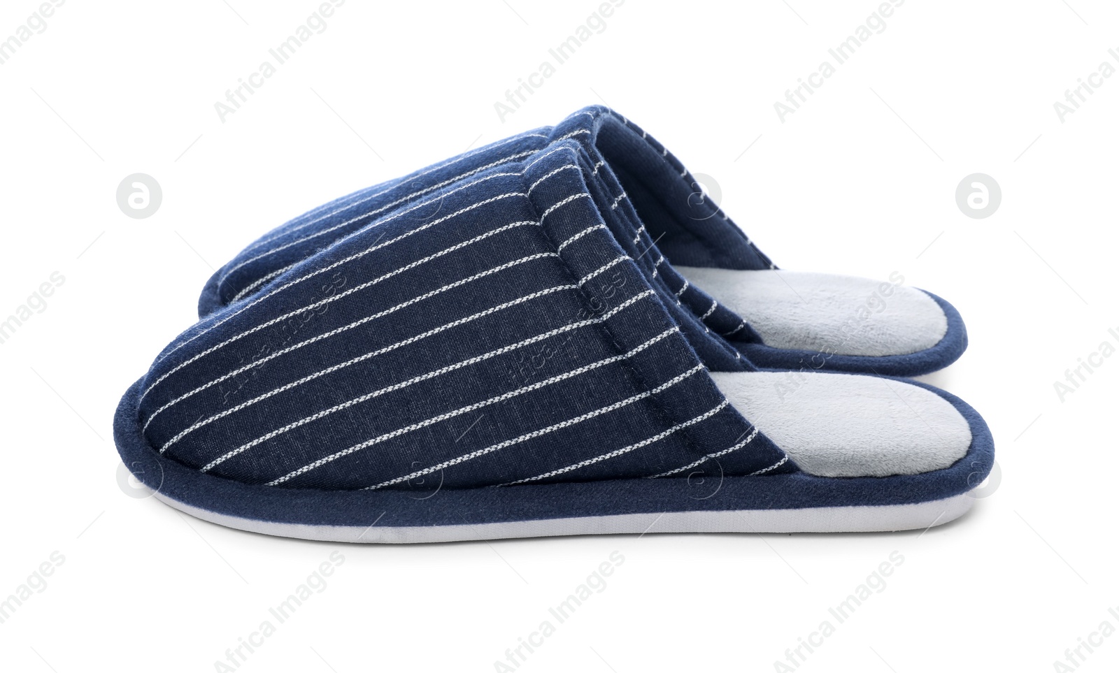 Photo of Pair of striped slippers isolated on white