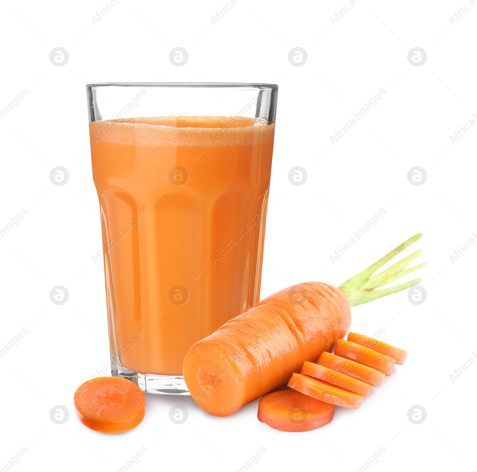 Image of Carrot and glass of fresh juice on white background