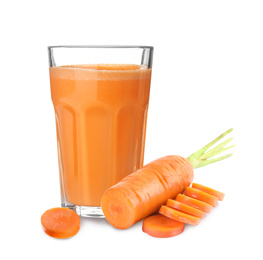 Carrot and glass of fresh juice on white background