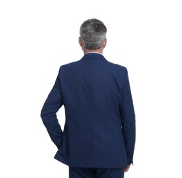 Photo of Mature businessman in stylish clothes posing on white background, back view