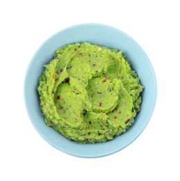 Bowl of delicious guacamole isolated on white, top view