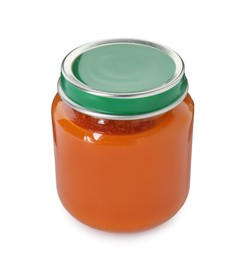 Photo of Baby food. Tasty healthy puree in jar isolated on white