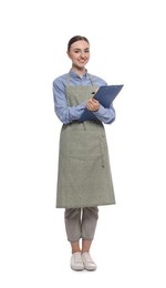 Photo of Beautiful young woman in clean apron with clipboard on white background