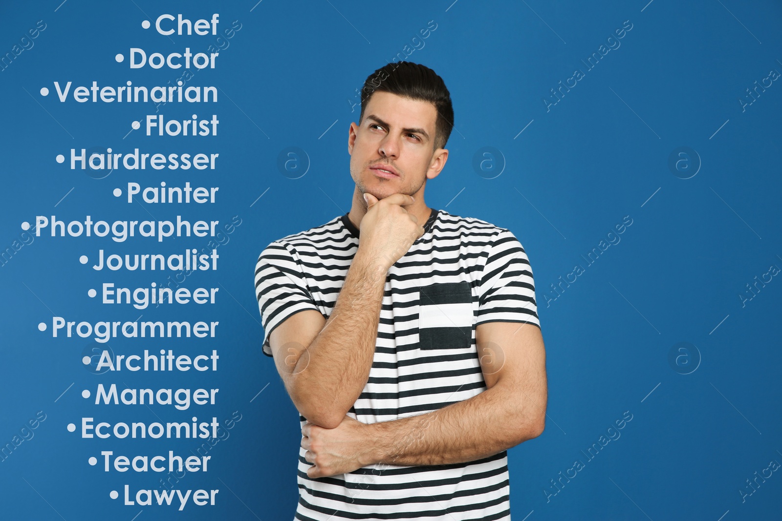 Image of Thoughtful man choosing profession on blue background