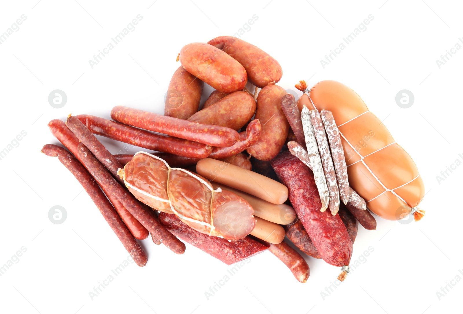 Photo of Different tasty sausages on white background. Meat product