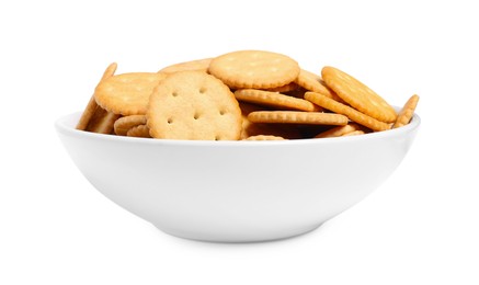 Photo of Tasty crackers in bowl isolated on white