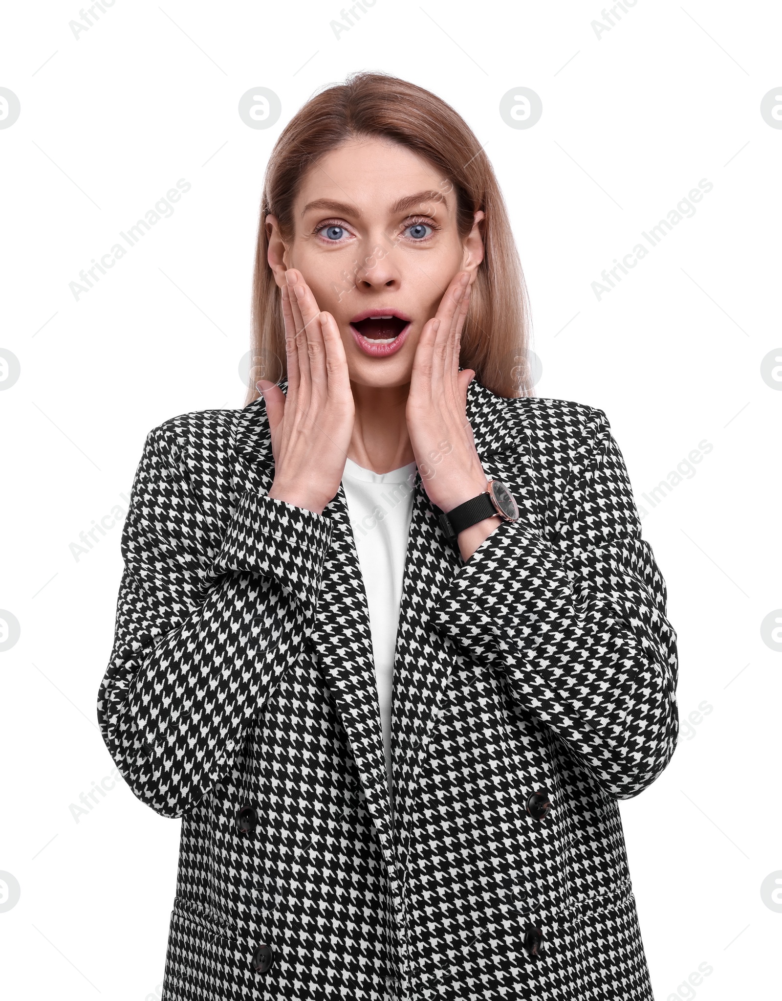 Photo of Beautiful surprised businesswoman in suit on white background