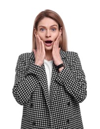 Beautiful surprised businesswoman in suit on white background