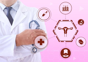 Image of Doctor with stethoscope and different virtual icons on pink background. Reproductive medicine concept