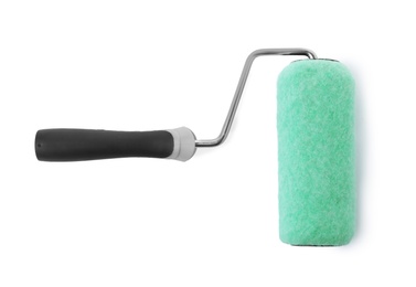 Photo of Paint roller brush on white background, top view