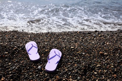 Photo of Stylish lilac flip lops on pebble beach near sea. Space for text