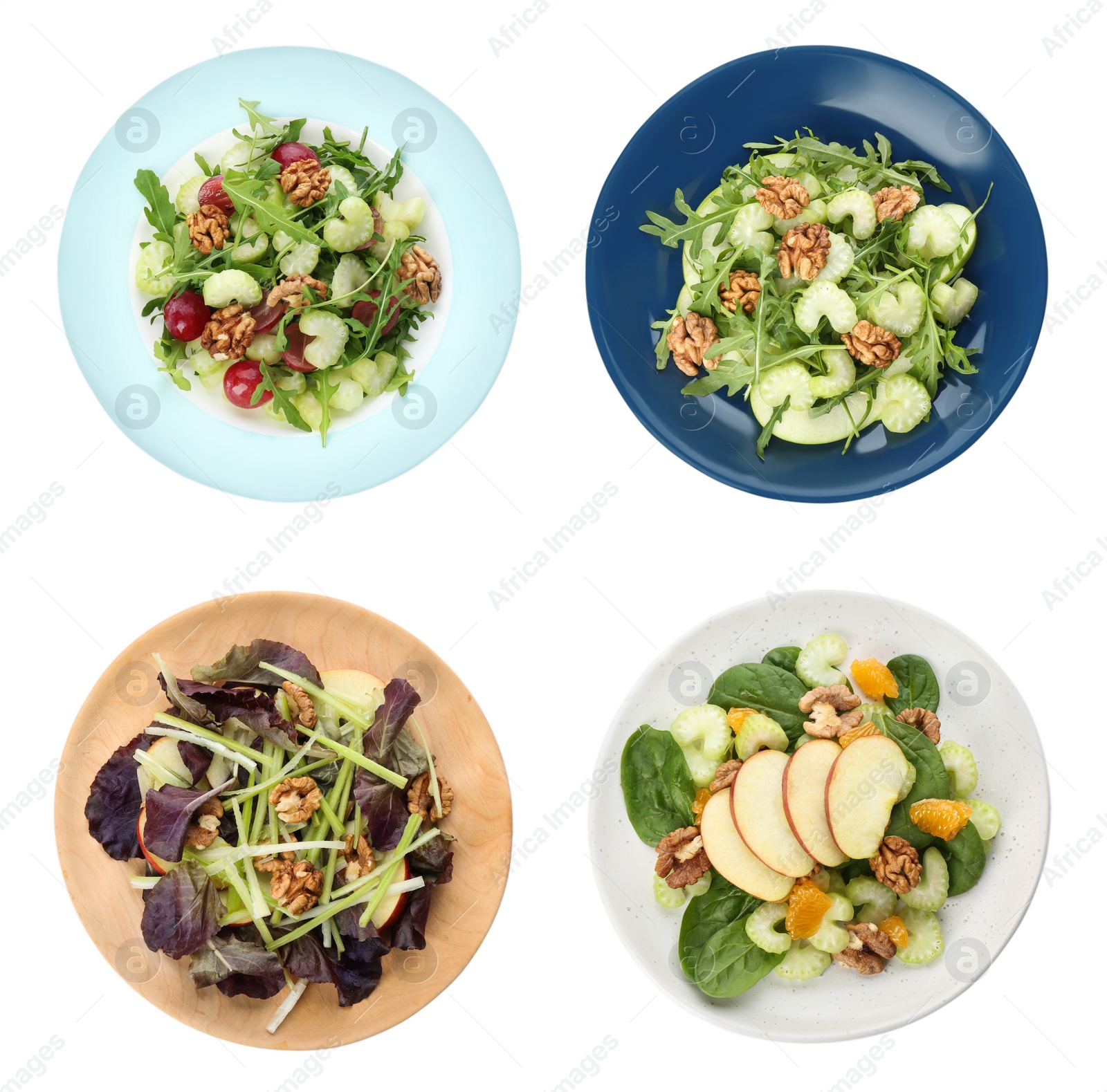 Image of Set with different delicious celery salads on white background, top view