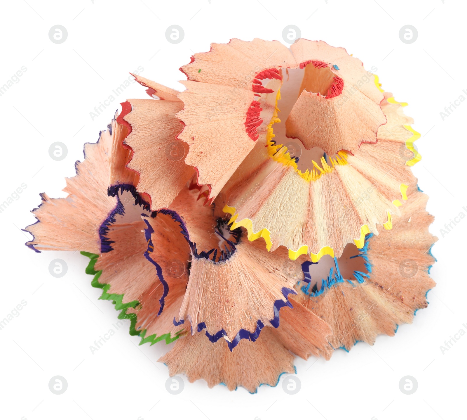 Photo of Heap of colorful pencil shavings on white background, top view